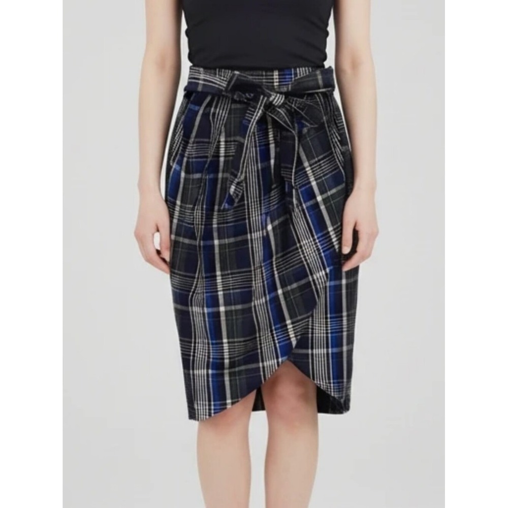 GIANNI BINI BLUE PLAID FAUX WRAP FRONT MIDI SKIRT SIZE MEDIUM NEW!